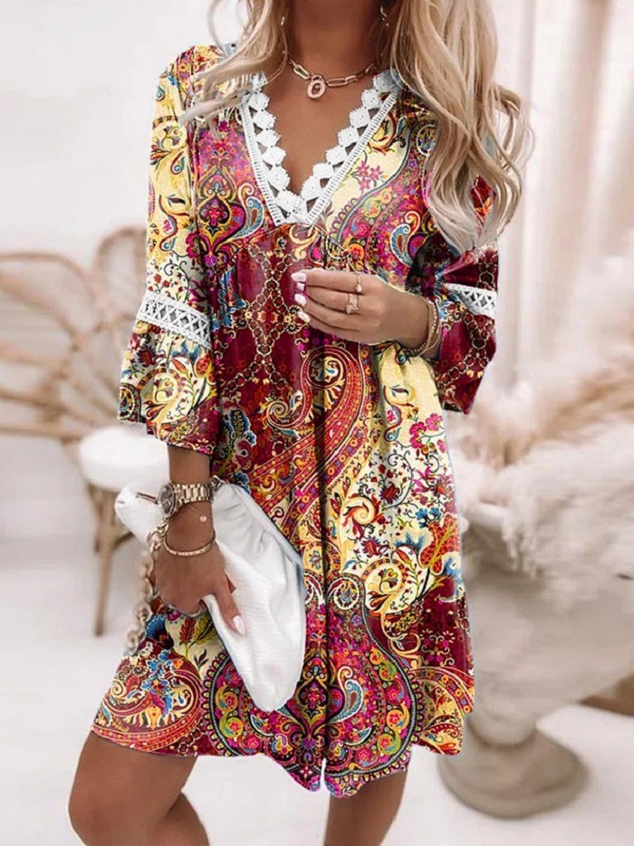 Spring V-neck Printed Lace Stitching Bohemian Leisure Holiday Style Dress ChezWe Chic Bohemian Style:This dress features a ch...