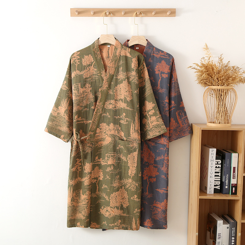 Pajamas men's nightgown cotton gauze men's bathrobe coat spring and summer autumn kimono cotton long nightdress