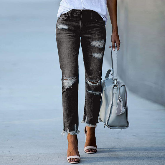 2021 Amazon wish cross-border independent station new women's tight solid color white-on denim ripped jeans