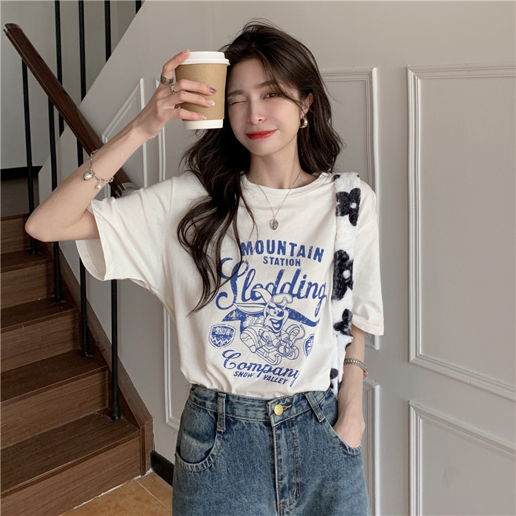 [Selling on behalf of hair] 2024 cotton explosions short-sleeved T-shirt women's Instagram style summer vintage trend printing fashion Joker