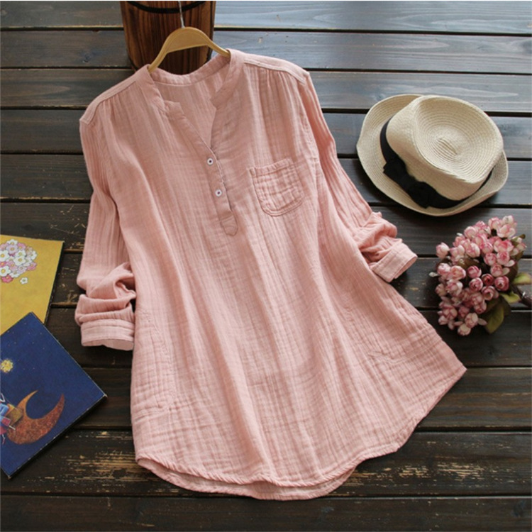 New Large Size Summer Japanese Solid Color Long Sleeve Stand Collar Long Skirt Cotton Yarn Shirt