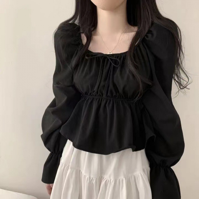 Fall 2023 Korean style sweet square collar lace-up waist ruffled flared sleeve slimming shirt