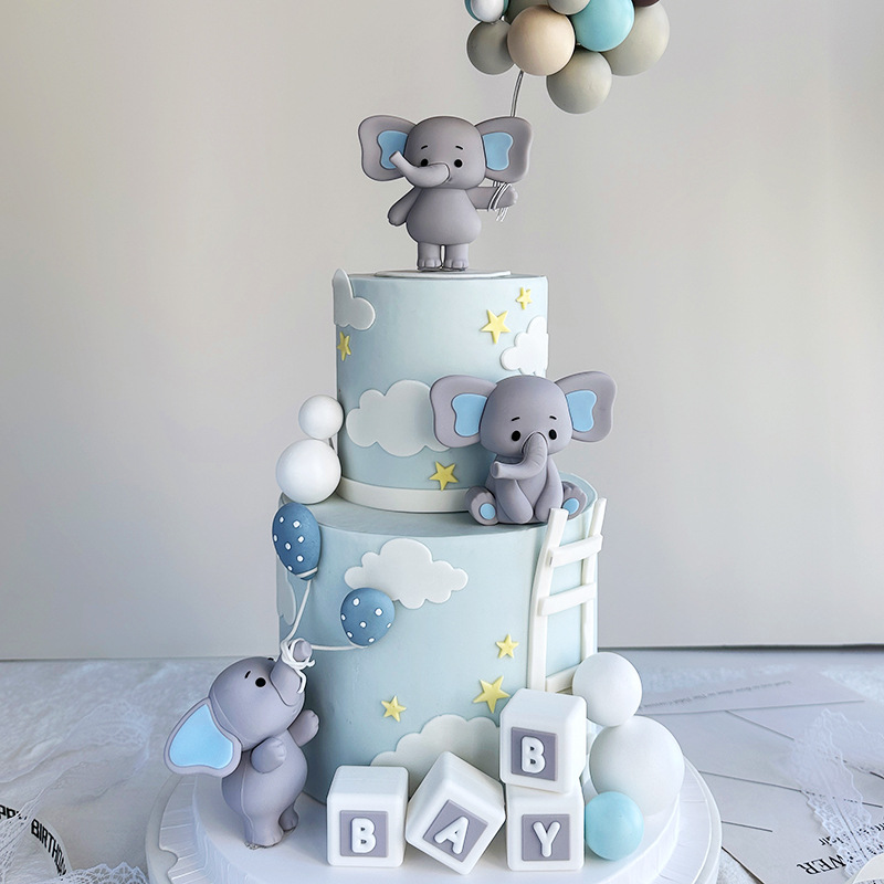 Cyber Celebrant BABY Elephant Cake Decoration Doll Ornaments Balloon BABY BABY Building Blocks Children's Birthday Cake Dress Up