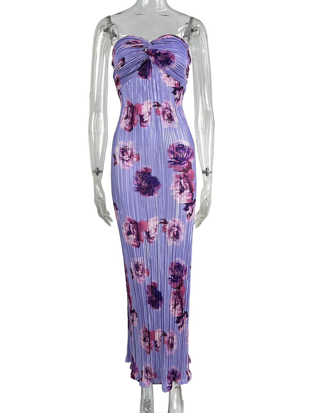 23 European and American Cross-border Amazon Explosions Strapless Backless Printed Pleated Slim-fit Slimming Women's Long Dress HY027B