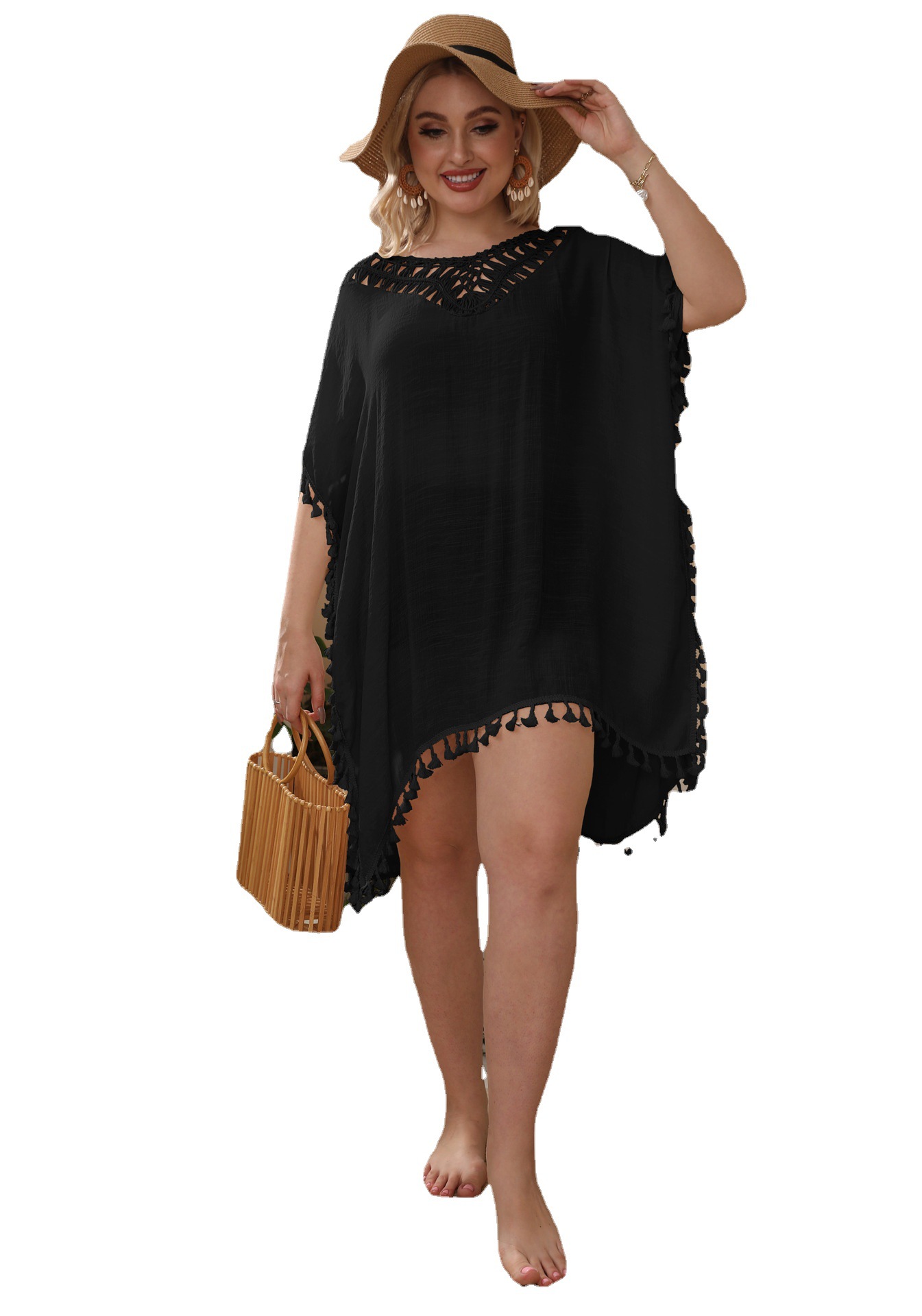 Women's Large Size Dress Hook Stitching Sexy Backless Tassel Split Loose Beach Blouse F3012