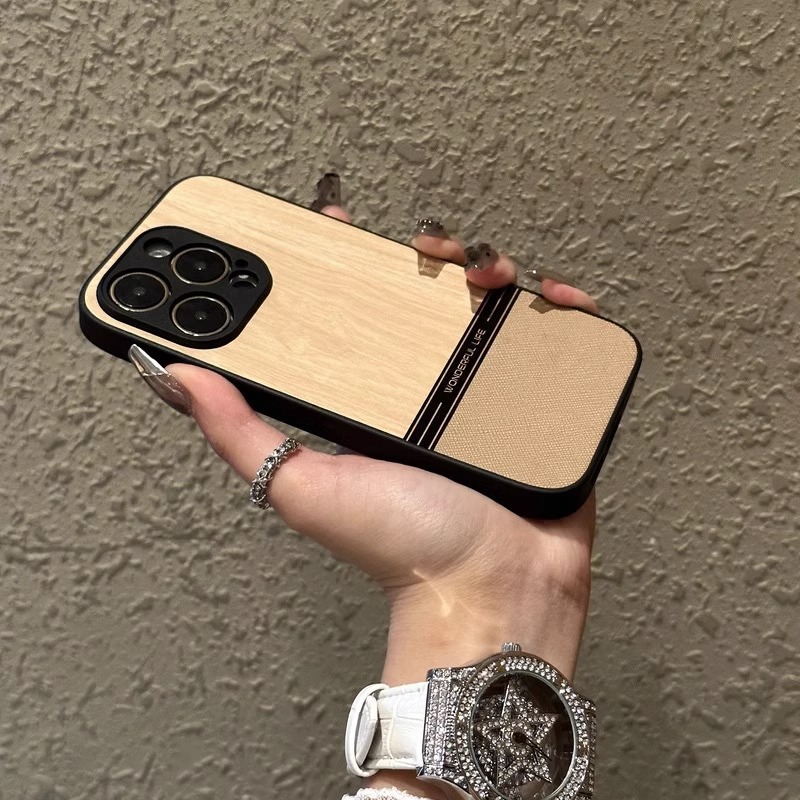 For Apple 15promax phone case plain leather new iphone14 advanced sense 16 wood grain 12 all-inclusive lens