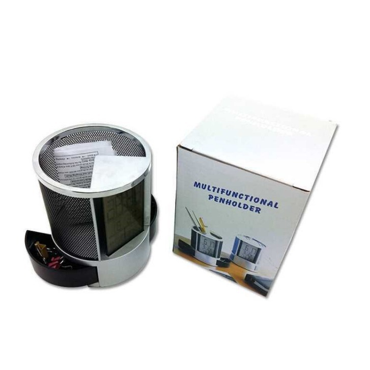Creative personality multi-functional pen holder fashion office supplies stainless steel net electronic pen holder perpetual calendar clock