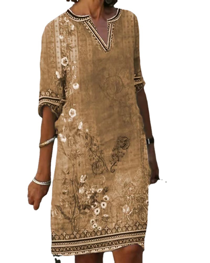 2023 European and American Spring and Summer New Women's Cross-border European and American Casual Ethnic Retro Mid-length V-neck Short-sleeved Dress