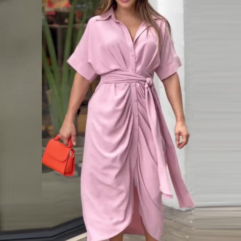 Amazon 2025 New European and American Women's Lace-up Waist Short-sleeved Single-breasted Solid Color Shirt European and American dress Women
