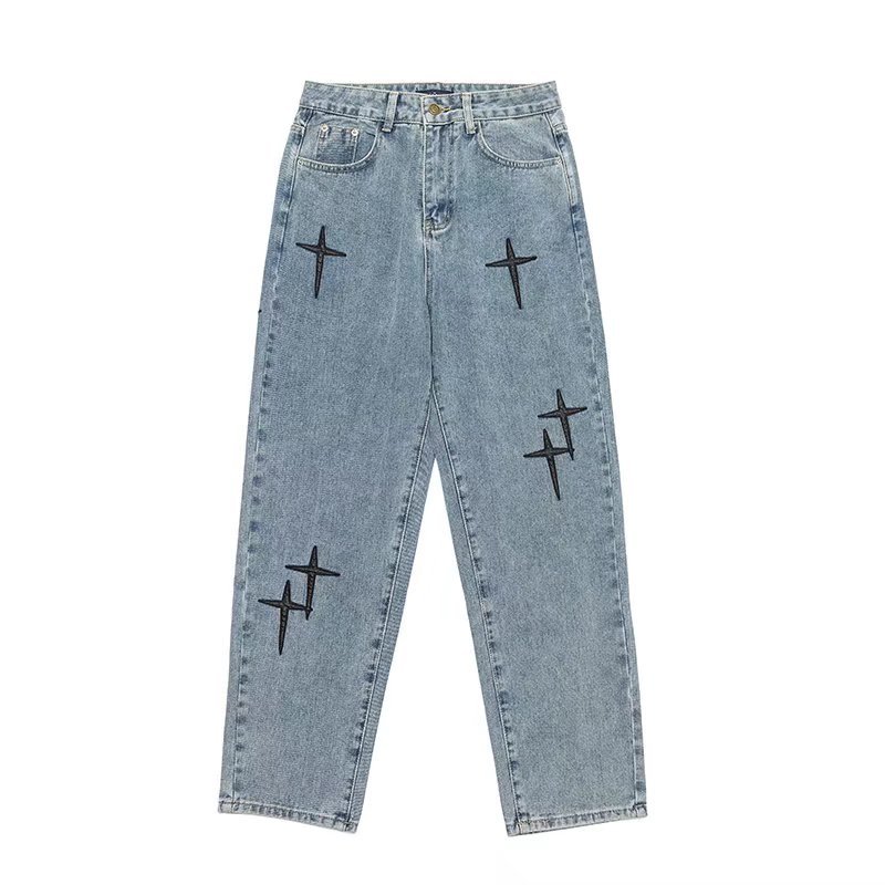 Jeans Men's Autumn Guochao High Street Cross Tape Embroidered Loose Straight Wide Tiniu ins Trendy Brand Long Pants