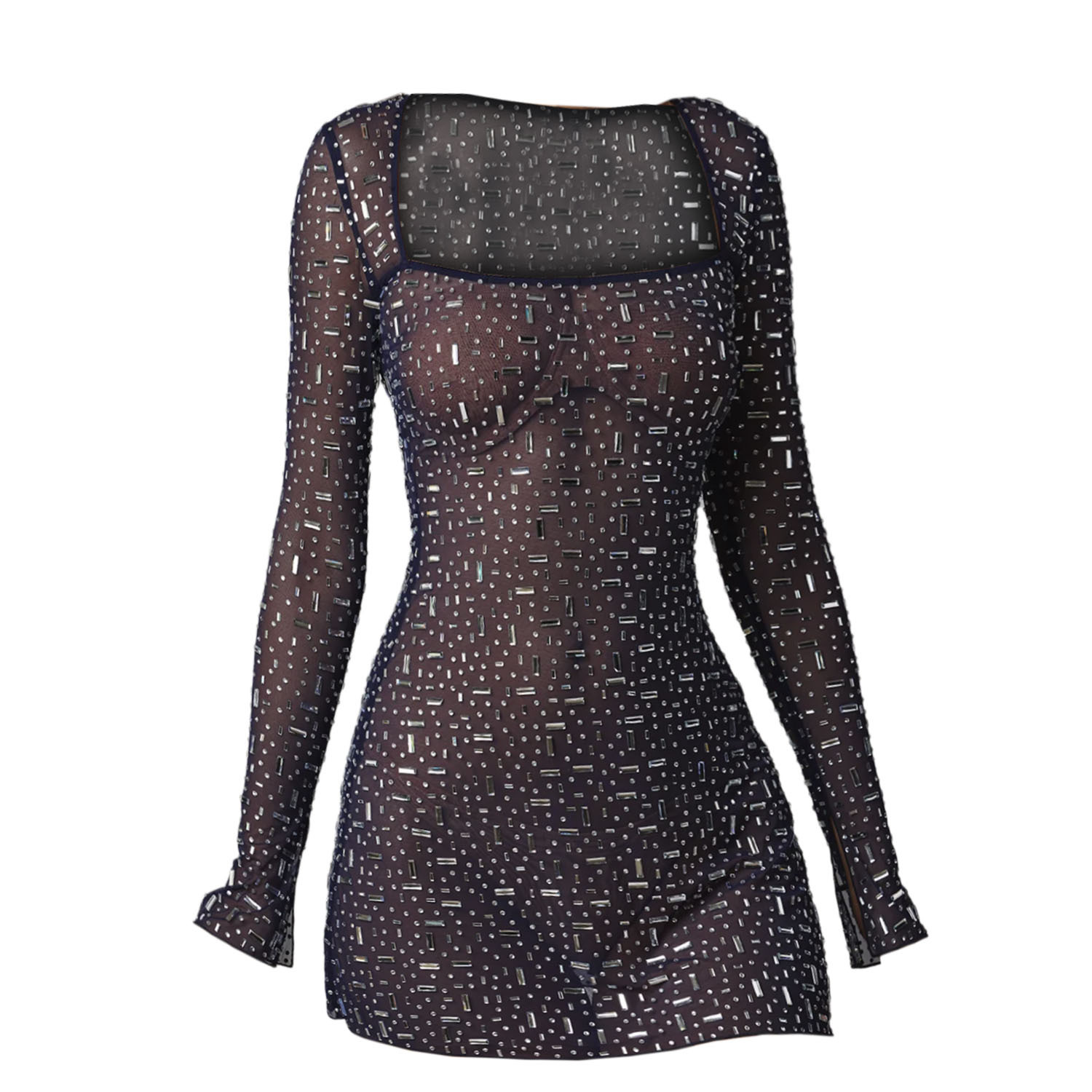 2023 cross-border Amazon AliExpress popular women's sequined rhinestone sexy half perspective long sleeve short dress