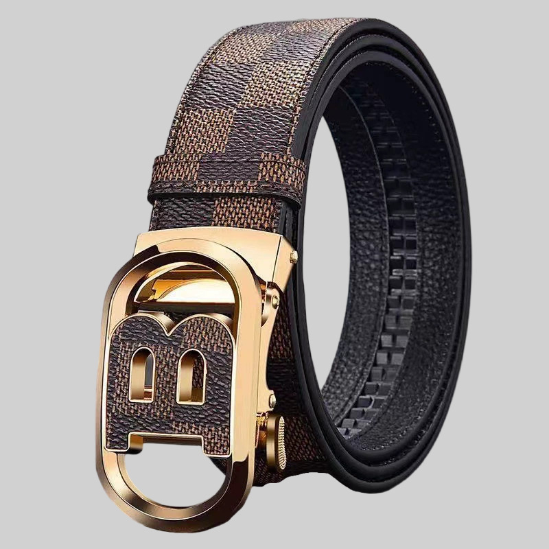 Belt Men's Plaid Belt Genuine Leather High-end Automatic Buckle Two-layer Pure Cowhide Men's Belt Light Luxury Trendy Casual