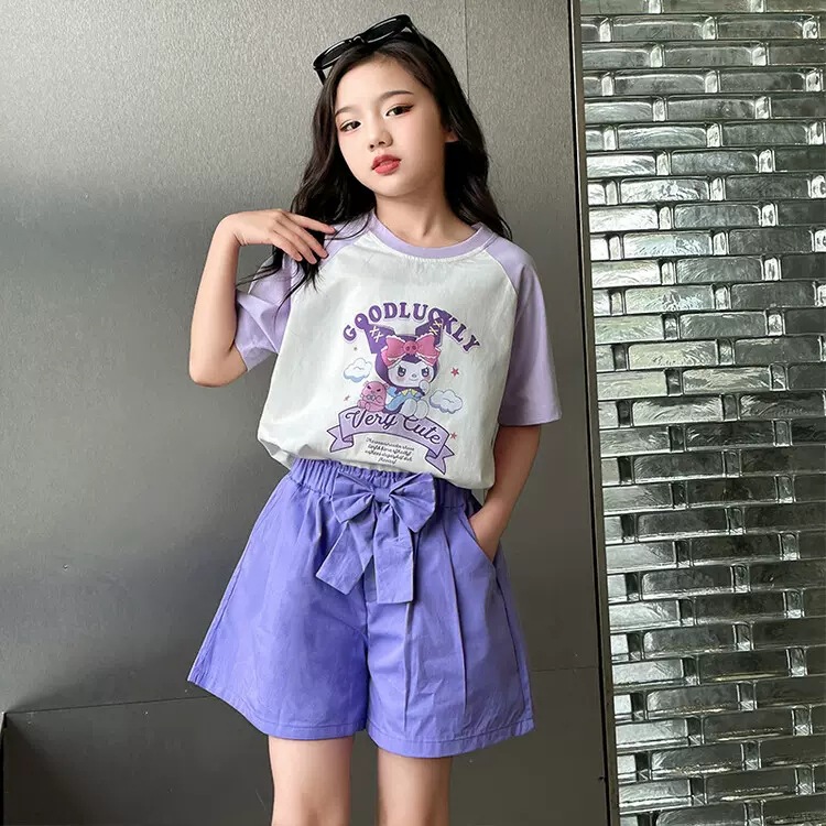 Girls' Casual suit Cartoon Short-sleeved T-shirt Summer New Style Stylish Short-sleeved Shorts Two-piece Set