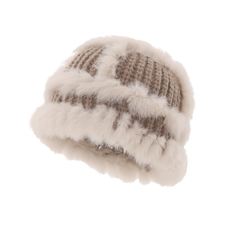 Real rabbit fur knitted fisherman's hat for women with a small face, autumn and winter ear protection, warm woolen hat, plush hat, national fashion lion hat