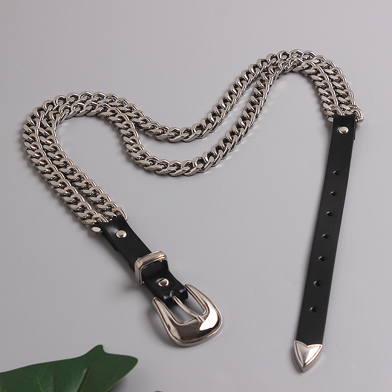Hong Kong Style Dark Concave Style Fashionable All-match Double-layer Chain Waist Chain Stitching Leather Belt Belt Belt Women's Trendy