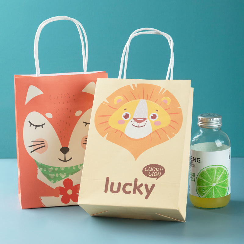 in stock Cartoon White Kraft Paper Tote Bag Children's Day Gift Packaging Gift Bag Cute Party Paper Bag
