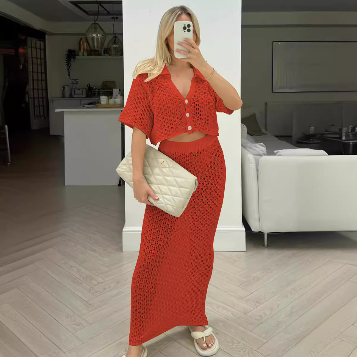 2024 New Knitted Crochet Dress Multicolor Cardigan Buckle Dress All-match Suit
