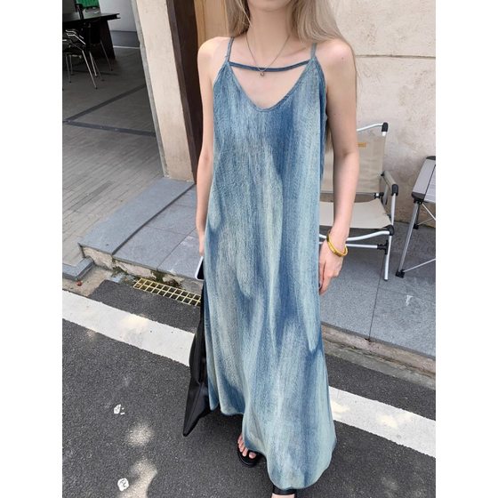 Summer New Spotted Denim Sling dress Women's Summer Design Niche Elegant Slimming Straight Dress