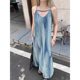 Summer New Spotted Denim Sling dress Women's Summer Design Niche Elegant Slimming Straight Dress