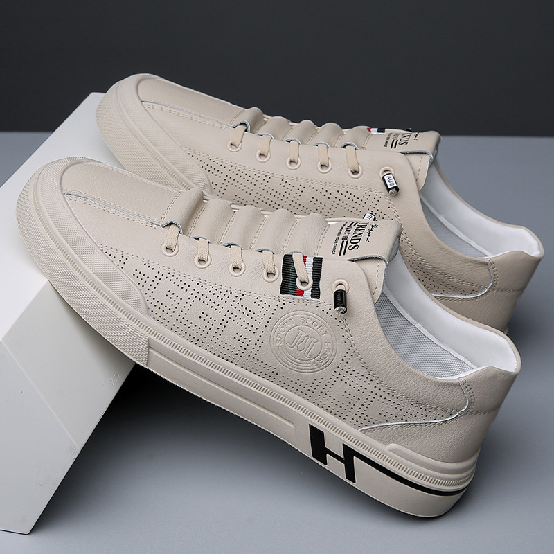 2023 Summer hollow men's casual board shoes leather soft bottom breathable single shoes explosions small white shoes