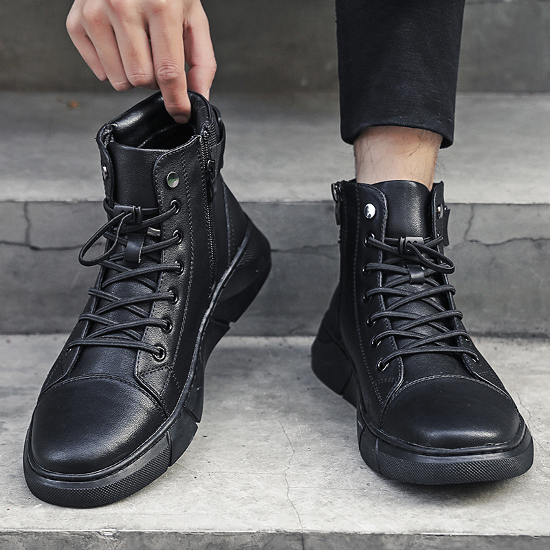 Genuine leather black men's boots 2022 Spring New High men's shoes Martins men's plus velvet boots tide a generation of hair