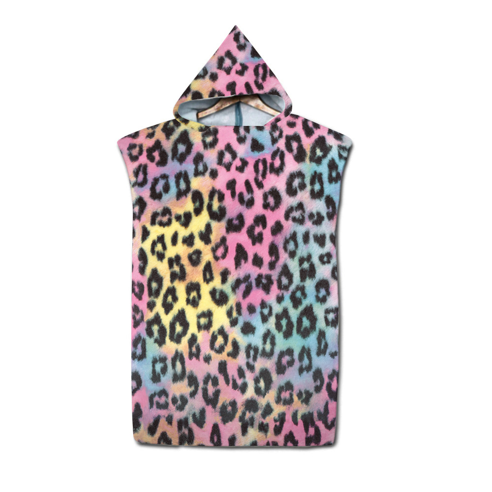 Factory wholesale leopard print adult hooded beach towel changing cloak color printed hooded bathrobe towel