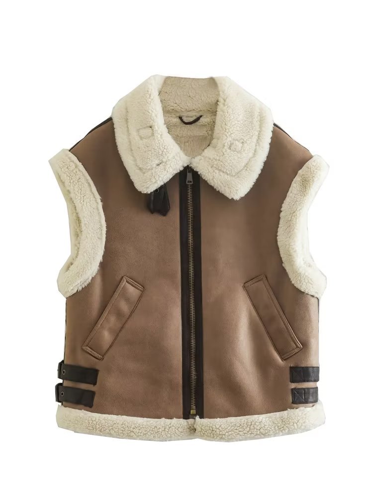 2022 European and American autumn and winter new women's brown fur one-piece lapel vest coat thickened vest K4-6353