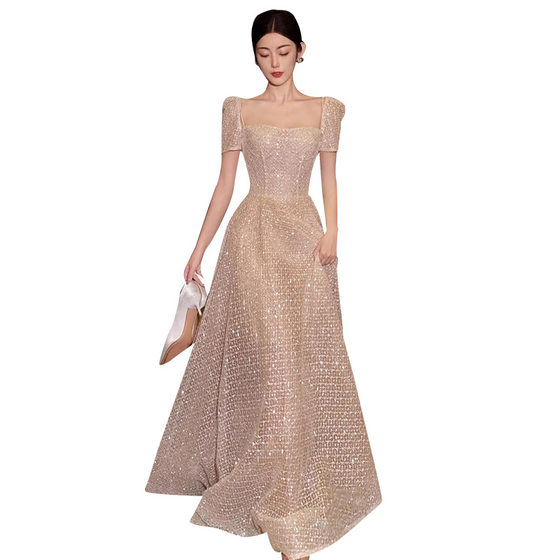 French Style Wedding Dress 2023 New Style Bridal Elegant Square Neck Super Fairy Fine Gauze Slim-fit Slimming Banquet Evening Dress