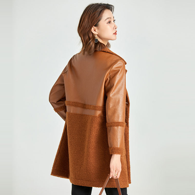 Autumn and winter middle-aged and middle-aged mother's long leather coat double-sided wear grain velvet stitching fur integrated PU leather