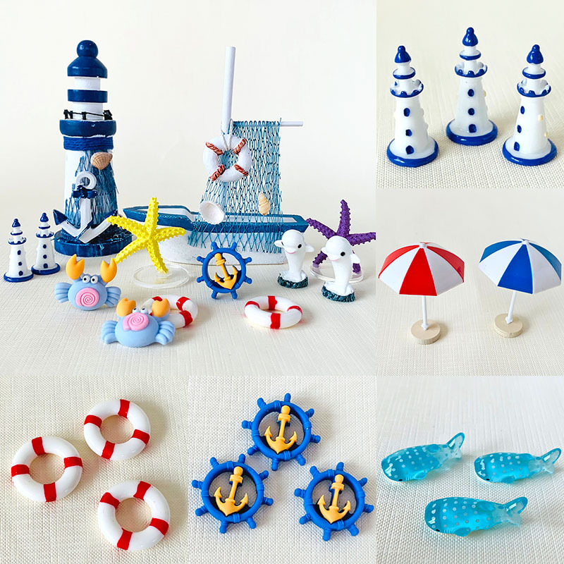 Ocean Series Theme Cake Decoration Sailing Lighthouse Ornaments Seagull Crab Coral Felt Seagrass Baking Plug-in