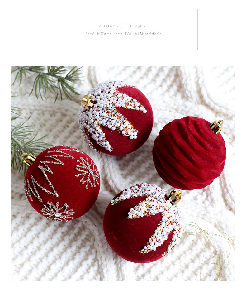 Christmas tree decorative ball Christmas painted ball flocking dark red Christmas ball Pearl DIY hanging decoration scene layout_voghion.com