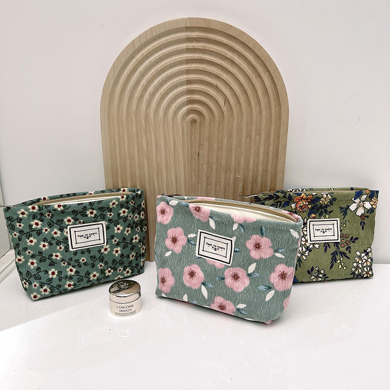 Corduroy Floret Zipper Cosmetic Bag Cosmetic Travel Storage Bag Ins Portable Carry-on Toiletry Bag Cosmetic Bag
