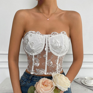 2023 Explosions Foreign Trade Europe and America INS Style Hot Lace Mesh Rose Strapless Keel Small Vest Spot 9434