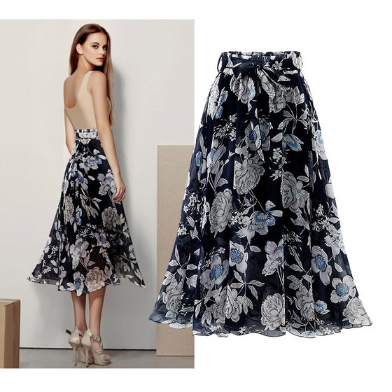 Chiffon Skirt Women's Summer Large Size New Mid-length Floral Skirt High Waist Foreign Trade Mid-length Skirt Slim A- line Gauze Skirt