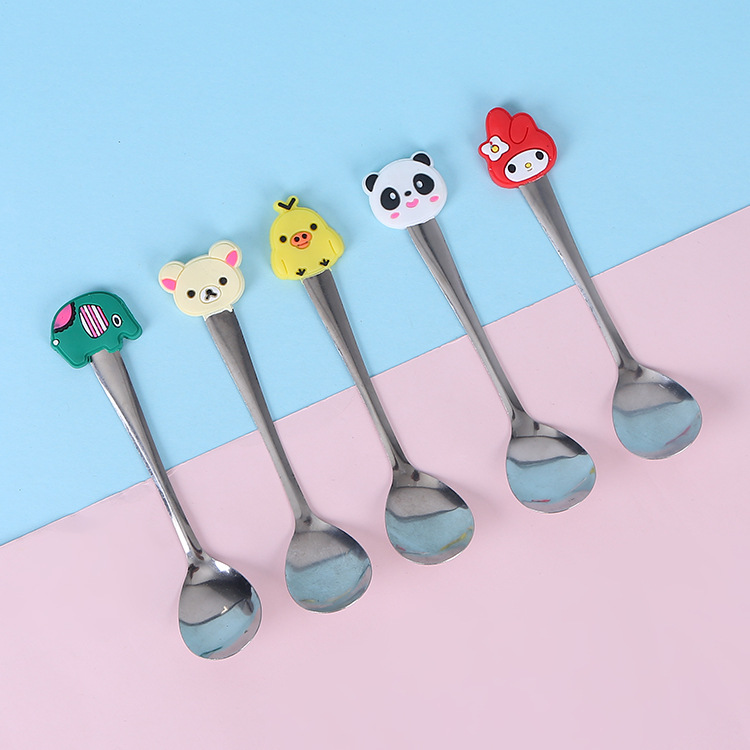 Cute cartoon spoon PVC silicone handle stainless steel tableware spoon style variety pvc soft rubber small spoon