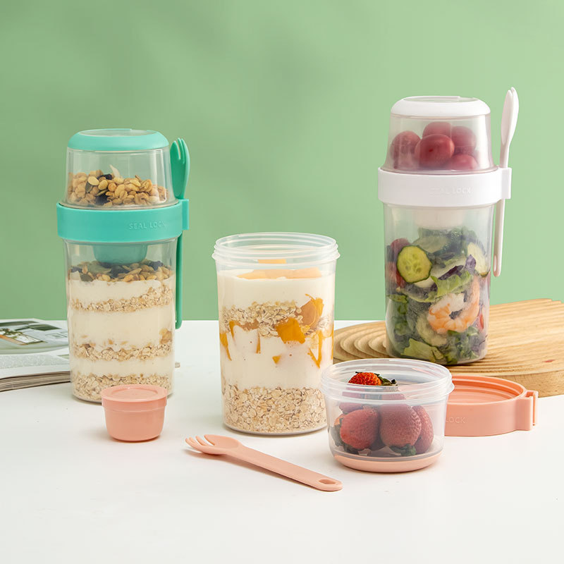 Cross-border labeling portable light food double-layer plastic salad cup breakfast salad cup with fork sealed office workers