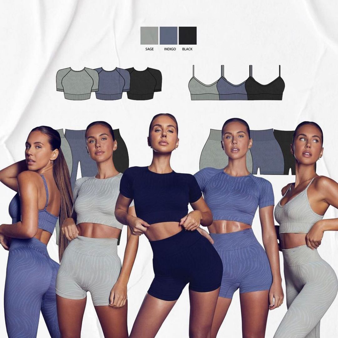 Spot! Spring and summer new sand wash seamless knitted yoga clothing sports bra high waist hip yoga pants four-piece set