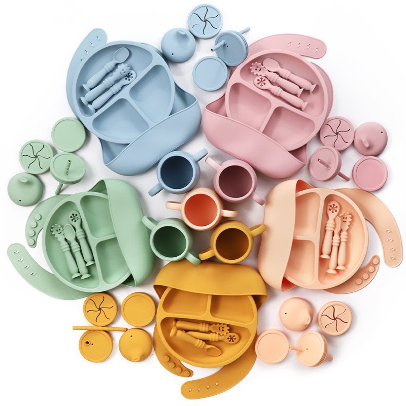 Explosive Silicone Tableware suit Children's Dinner Plate Partition Plate Baby Bib Supplemental Spoon Baby Maternal and Infant Supplies suit