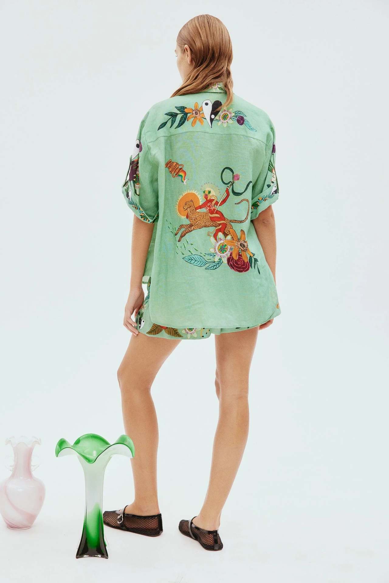 Cross-border independent station Amazon 2023 new European and American casual two-piece suit cotton and linen printed shirt + shorts