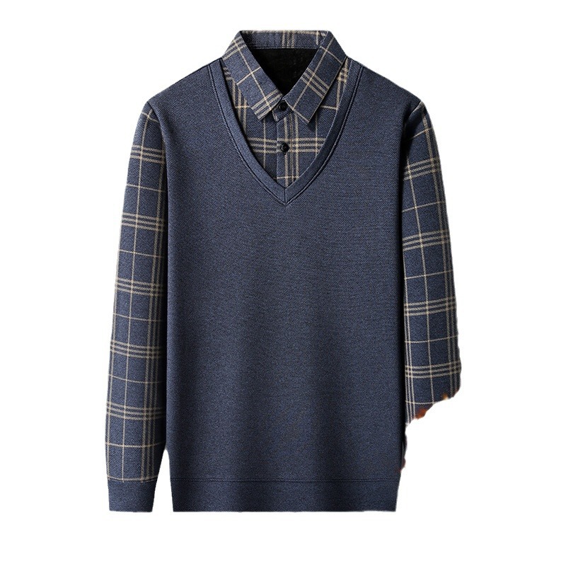 [Fleece-lined thickened] dad winter warm sweater middle-aged men's winter fake two-piece warm knitted bottoming shirt