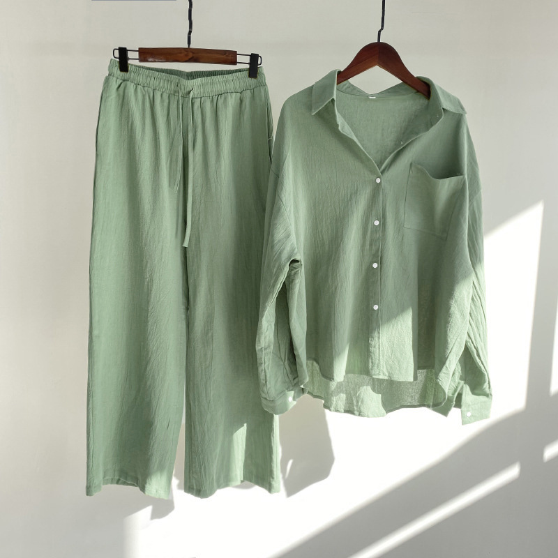 Cross-border Amazon Women's 2-piece Vintage Plus Size 2022 Cotton and Linen Shirt Set High Waist Loose Trousers