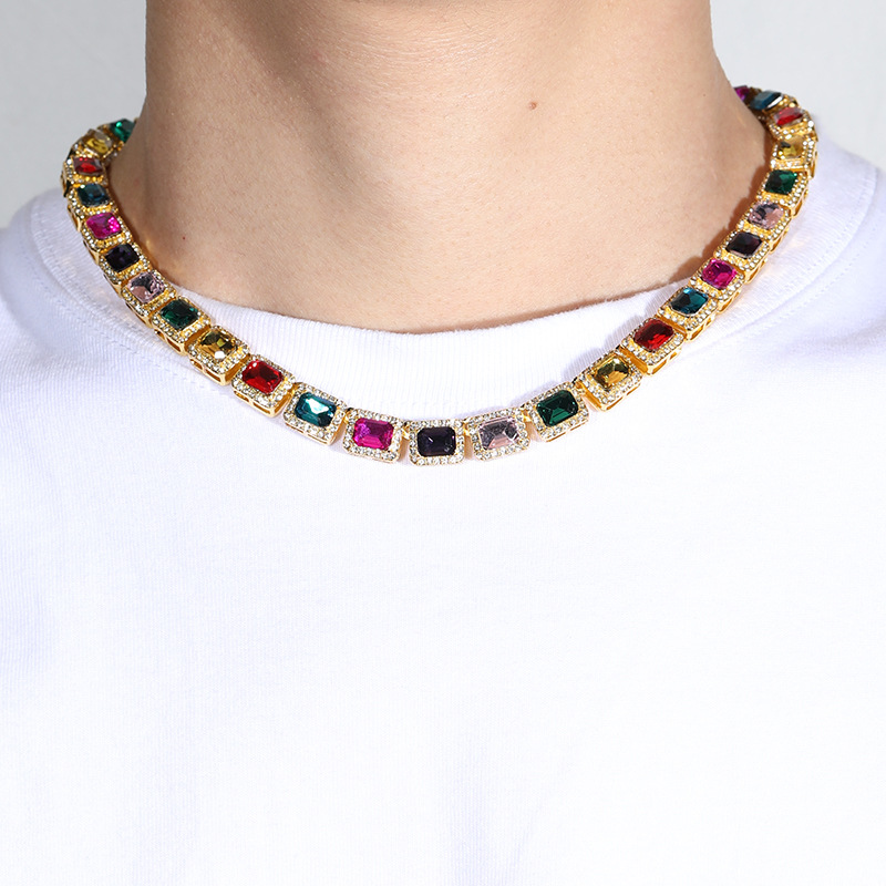 European and American men's 10mm color zircon Cuban chain hiphop rap jewelry personality hip hop wind necklace wholesale