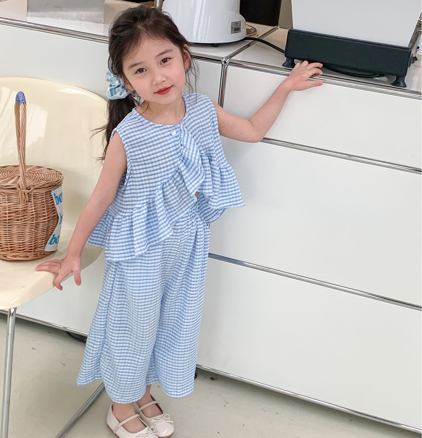 Girls' suit plaid fashion style personalized top lengthened 24 summer new foreign trade children's clothing for 3-8 years old