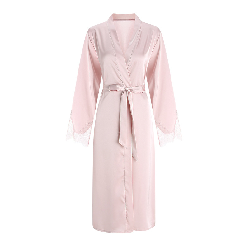 Guiruo Sexy Pajamas Women's Autumn and Winter Charm Temptation Satin Casual Comfortable Lace Long Robe Set 19960