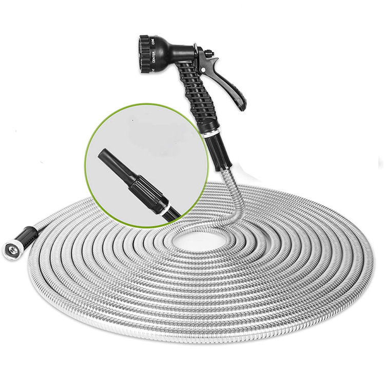 Stainless steel garden hose outdoor metal hose with double nozzle will not kink and tangle flexible and portable