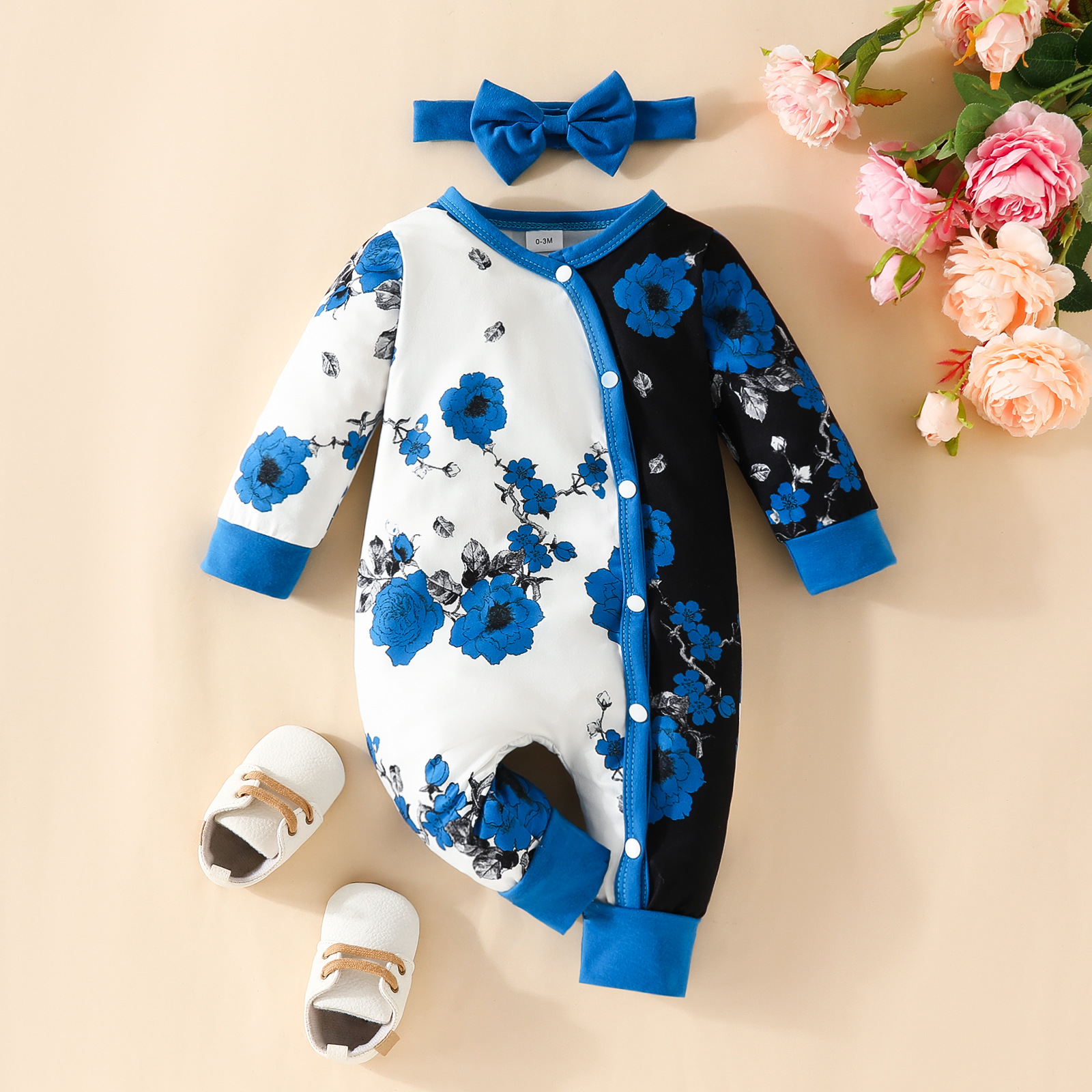 Cross-border New Baby Long-sleeved Long-legged Climbing Suit Big Flower Color-matching Baby Girl Button Clothes Hakka Baby Casual Clothes