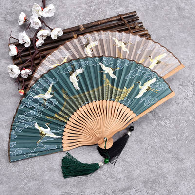 Song Huizong Ruihe Figure Folding Fan Hanfu Portable Fan Crane Small Fan Lady Chinese Cultural and Creative Gift Fan