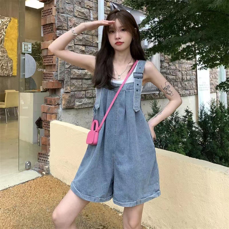 Curled Denim Overalls Shorts Women's Summer New Arrival Salt Sweet Wide Leg Loose Jumpsuit for Small Students