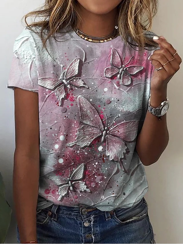 Women's T-shirt Tee Green Blue yellow butterfly printing short sleeve casual weekend basic round neck Butterfly 3D printing short sleeve