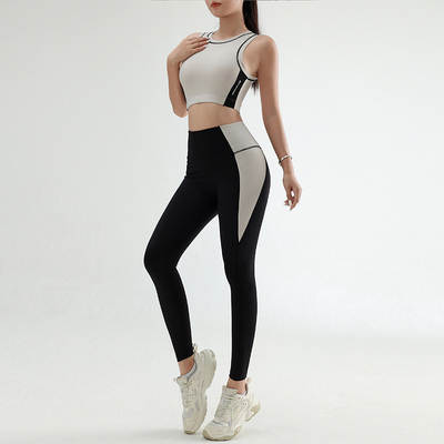 Women's sports fitness suit color contrast quick-drying yoga suit shockproof bra bra base running cropped trousers